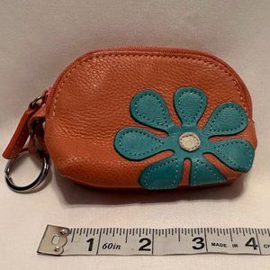 Peach with Blue Flower Zip Leather Coin Purse